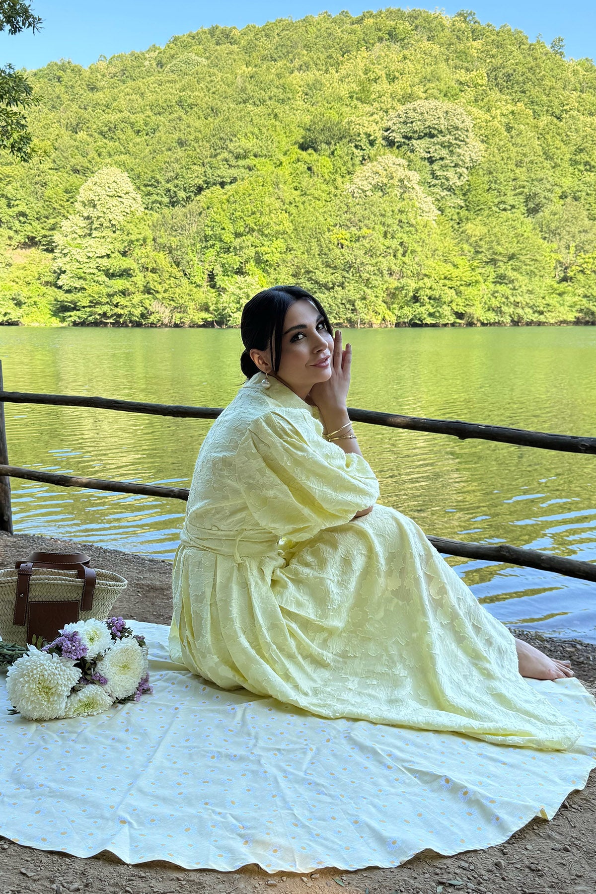 Sarı Venil Balon Kol Kemerli Kloş Elbise SY-2946-Sarı