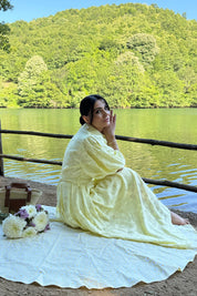 Sarı Venil Balon Kol Kemerli Kloş Elbise SY-2946-Sarı