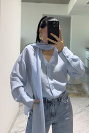 Mavi Şal Detaylı Çizgili Gömlek SY-3622-Mavi