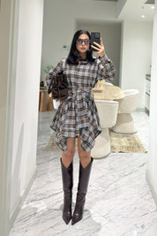 Kahve Mavi Kareli Etek Gömlek Takım SY-3609-Mavi