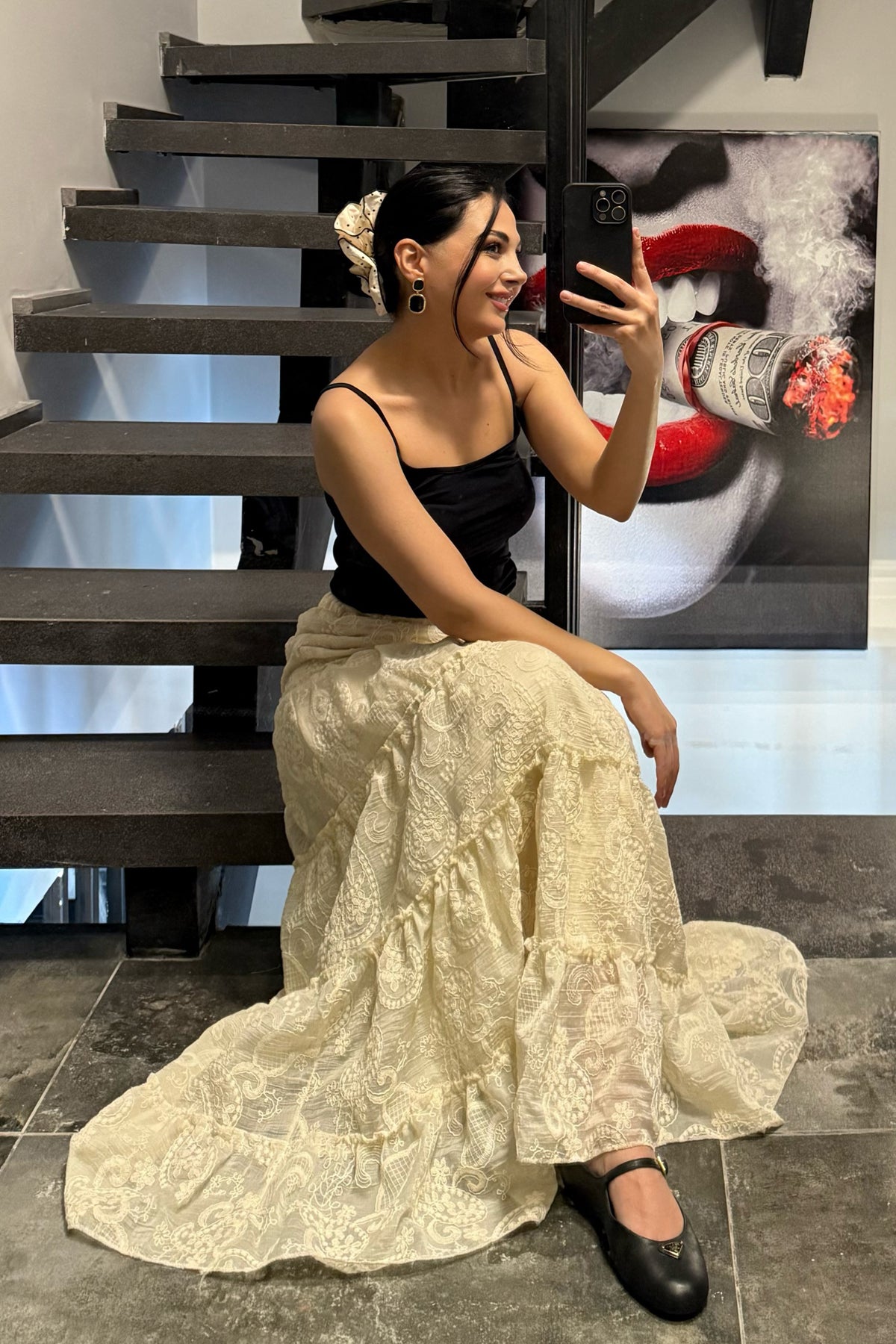 Krem Nakış Detaylı Midi Etek SY-3694-Krem