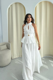 Beyaz Halter Yaka Ponce Bluz Etek Takım SY-3270-Beyaz