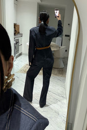 Kadın Kemerli Fit Denim Ceket ve Pantolon Takım SY-3534-Lacivert