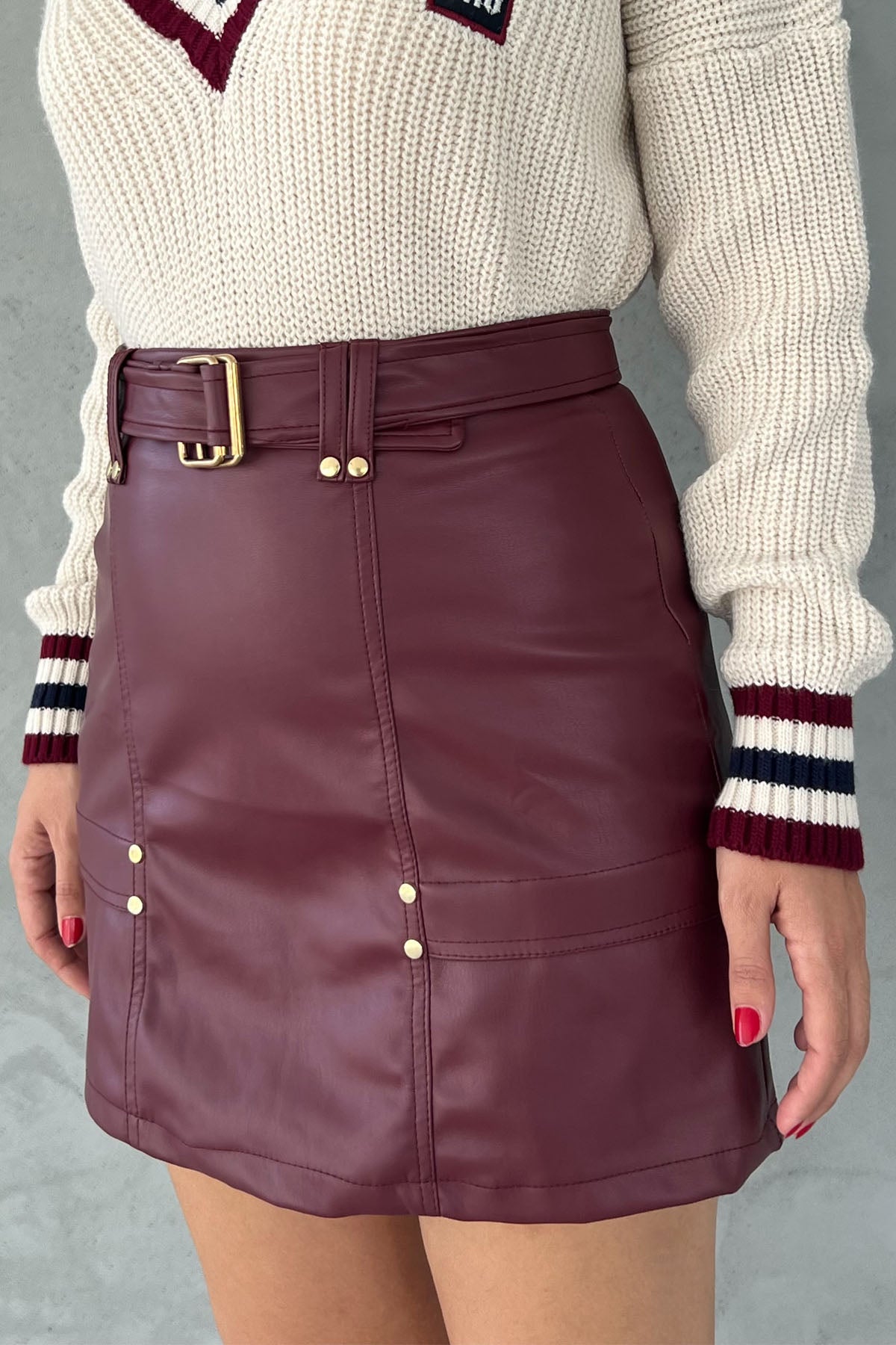 Bordo Kemerli Gizli Cep Detaylı Deri Etek SY-2485-Bordo