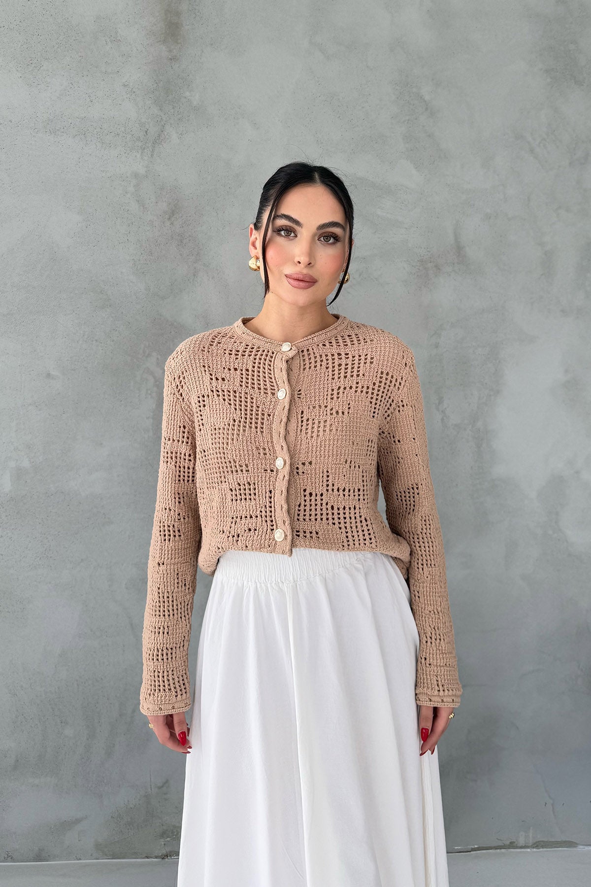 Bej Örgü Detaylı Regular Fit Düğmeli Triko Hırka SY-3076-bej