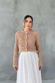 Bej Örgü Detaylı Regular Fit Düğmeli Triko Hırka SY-3076-bej