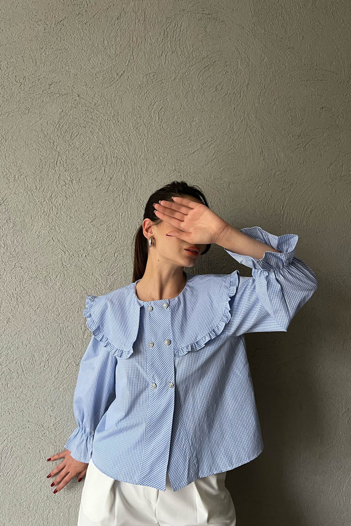 Mavi Taş Düğme ve Yaka Detaylı ZR Bluz SY-1695-Mavi