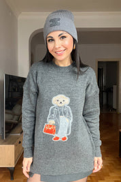 Antrasit Teddy Bear Nakışlı Triko Kazak SY-2839-Antrasit