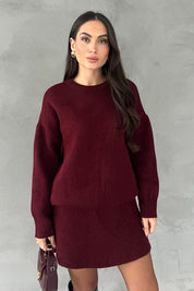 Bordo Bisiklet Yaka Mini Etek Kazak Takım SY-2811-Bordo