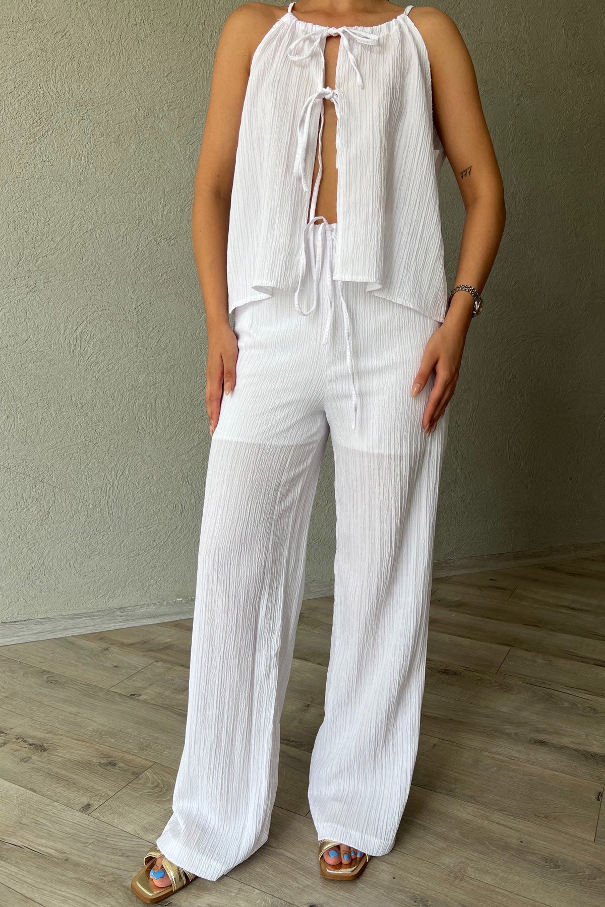 Beyaz İp Askılı Bluz Pantolon Takım SY-2259-Beyaz