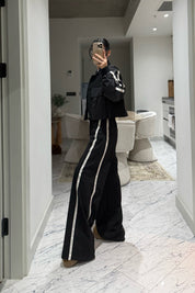 Siyah Şerit Yazı Detaylı Yüksek Bel Pantolon SY-3392-Siyah