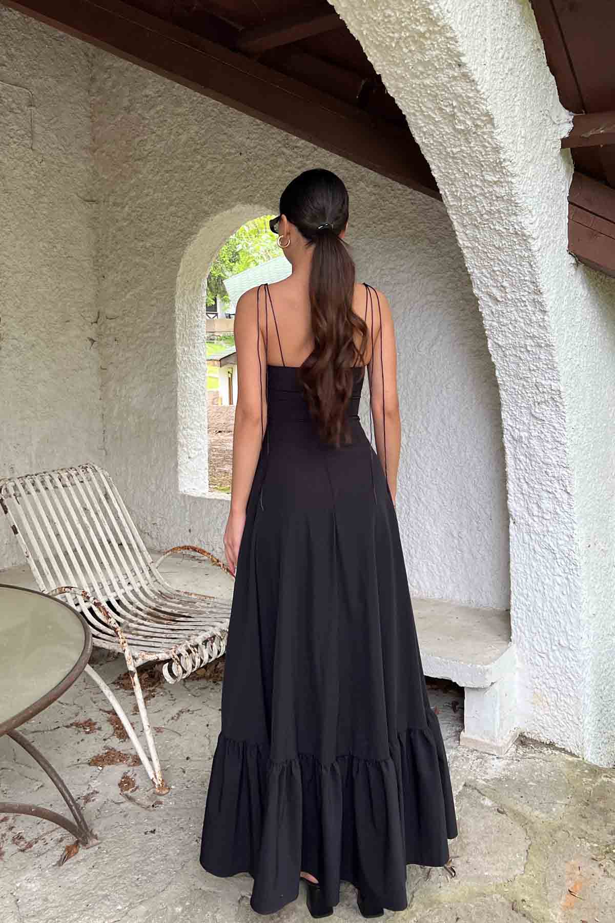 Siyah Askısı Bağlama Detaylı Uzun Elbise SY-2082-Siyah