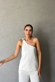 Ekru Aparat Detaylı Tek Omuz Bağlamalı Asimetrik Yelek SY-2341-Ekru