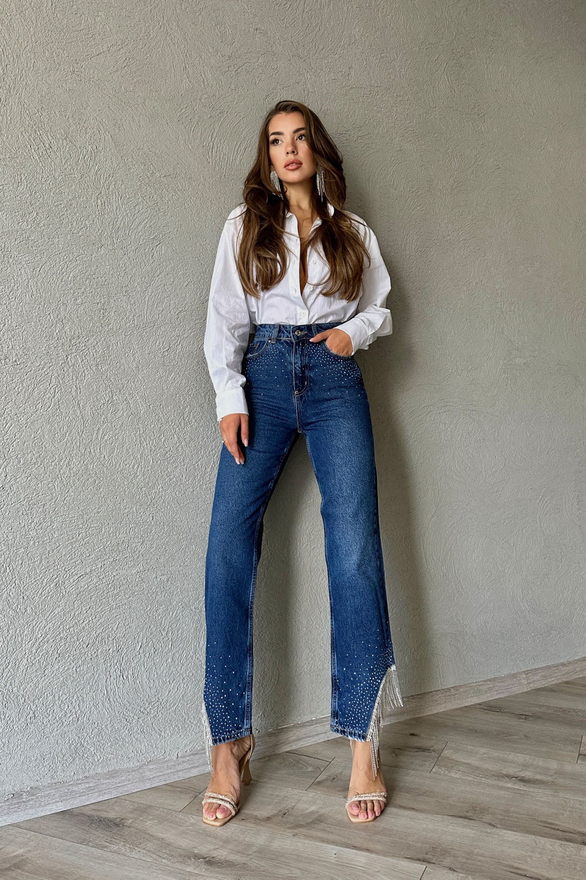 Koyu Mavi Paçası Taş ve Zincir Detay Jean SY-0346-Koyu Mavi