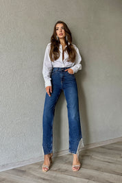 Koyu Mavi Paçası Taş ve Zincir Detay Jean SY-0346-Koyu Mavi