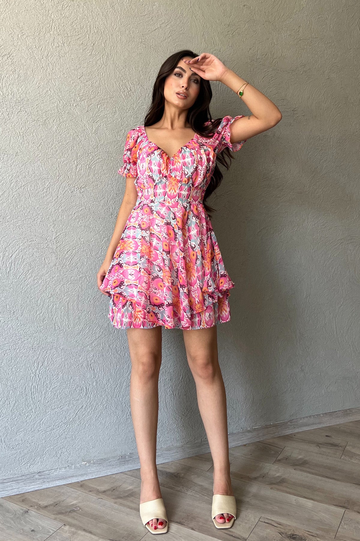 Pembe Desenli Şifon Elbise SY-2178-Pembe