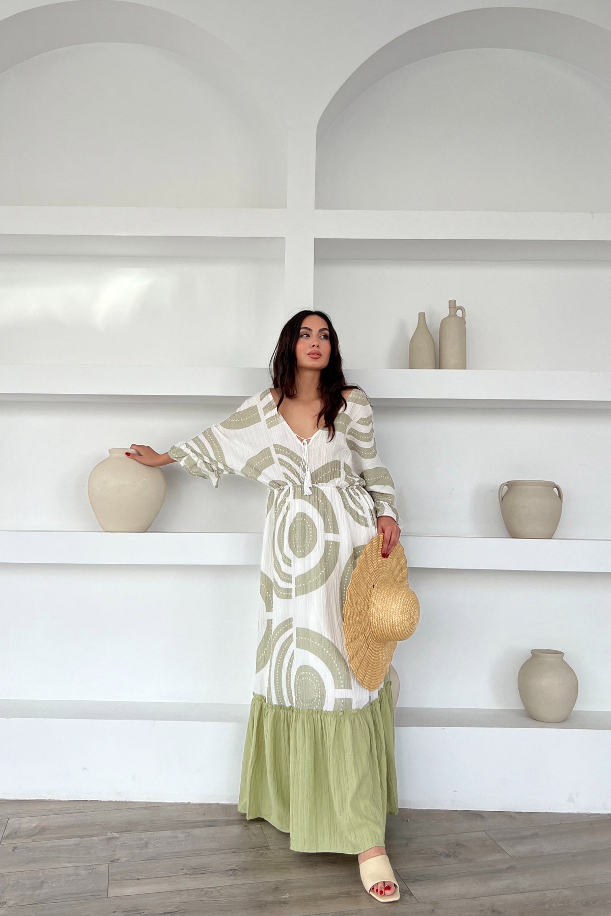 Yeşil Desenli Düşük Omuz Maxi Boy Elbise SY-2166-Yeşil