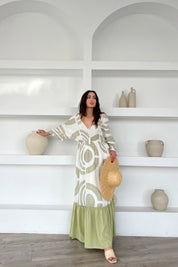 Yeşil Desenli Düşük Omuz Maxi Boy Elbise SY-2166-Yeşil