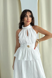 Beyaz Halter Yaka Ponce Bluz Etek Takım SY-3270-Beyaz