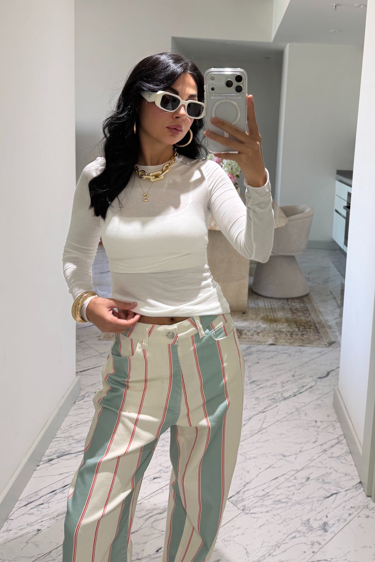 Mint Ekru Çizgili Tapered Jean Pantolon SY-3828-Ekru
