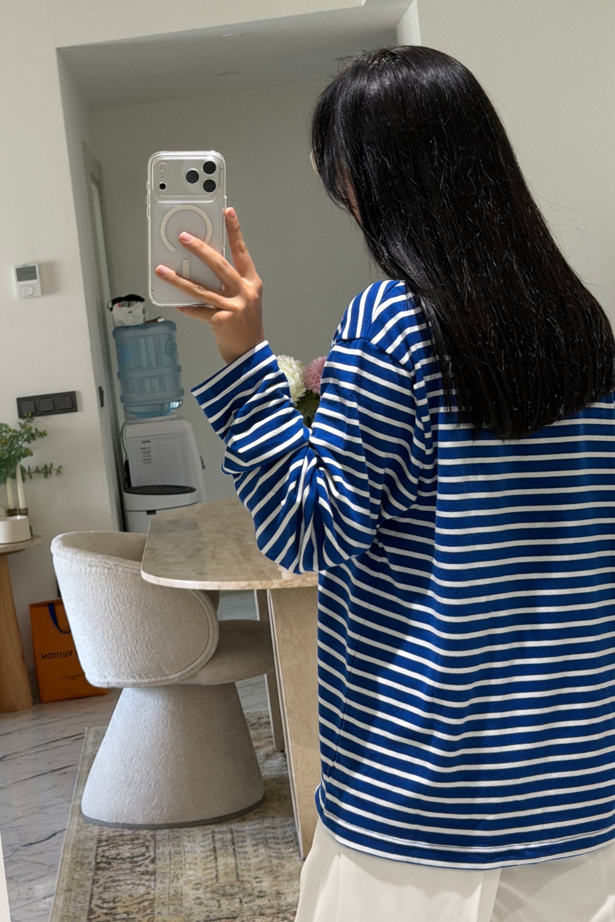 Mavi-Beyaz Bisiklet Yaka Çizgili Likralı Uzun Kollu T-Shirt SY-3645-Mavi