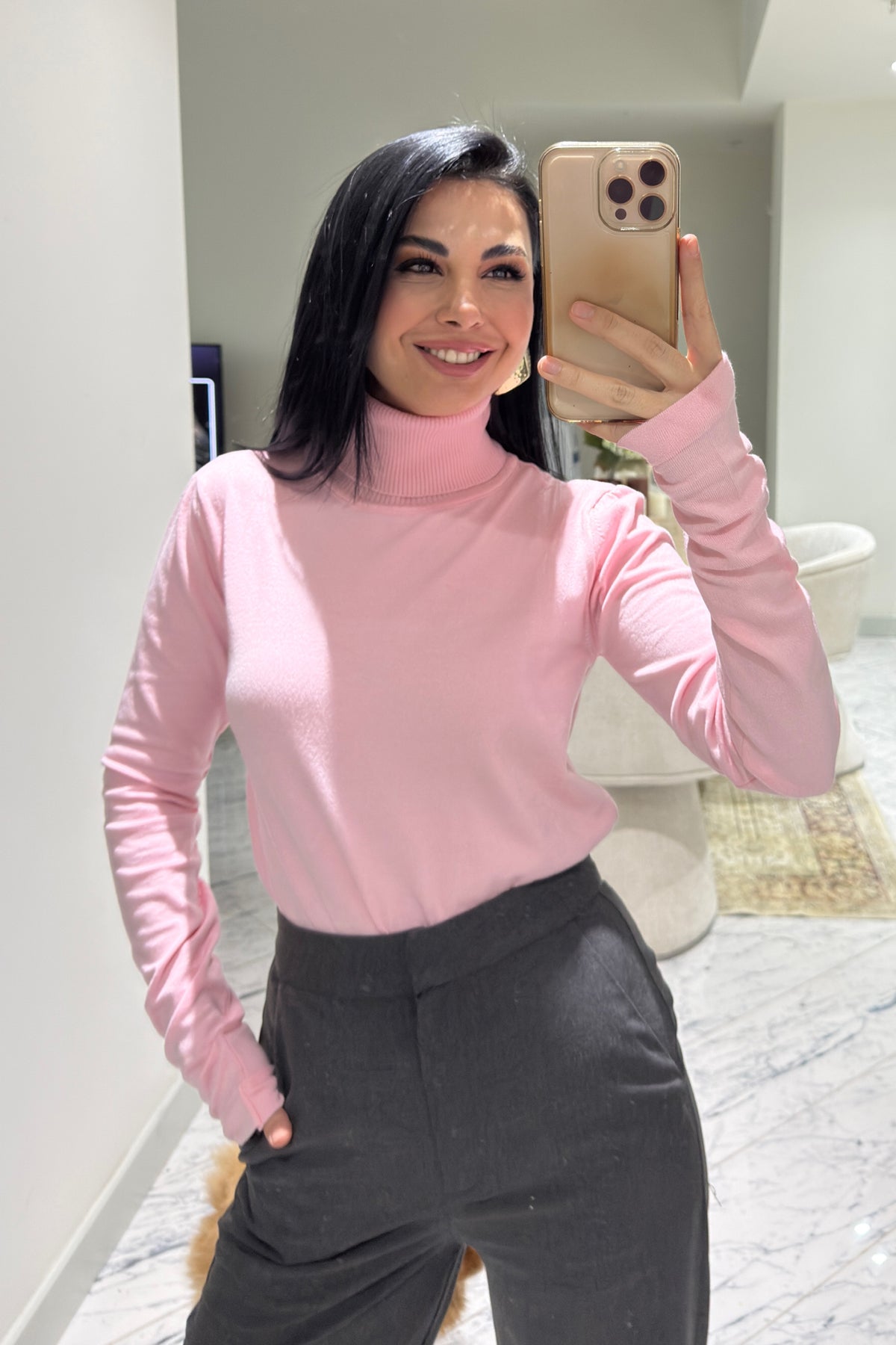 Pembe Kadın Balıkçı Yaka Kazak SY-3509-Pembe