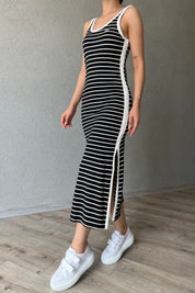 Siyah Beyaz Çizgili L Muadili Kadın Straight Fit Lacivert Elbise SY-2258-Siyah Beyaz