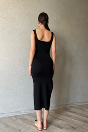 Siyah Kare Yaka Midi Elbise SY-1646-Siyah