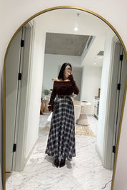 Ekose Desenli Yırtmaç Detay Kloş Etek SY-3494-Kahverengi