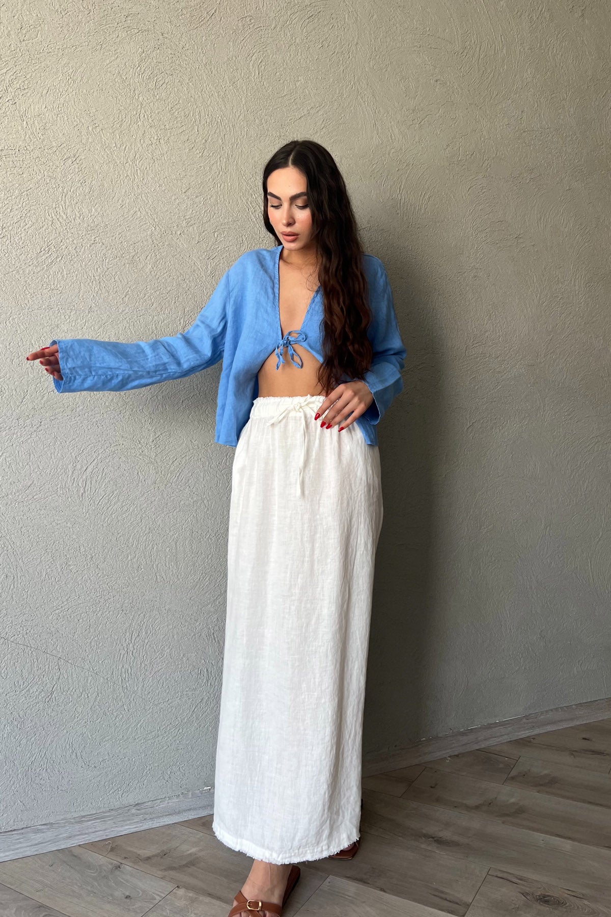 Ekru Beli Bağlama Detaylı Uzun Keten Etek SY-2154-Ekru