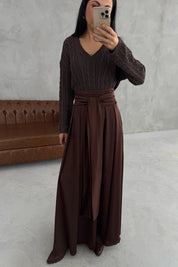 Kahve Şal Detay Bağlamalı Maxi Etek SY-3426-Kahve