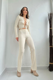 Bej Fitilli Önü Bağcıklı Kazak ve Pantolon Takım SY-0096-Bej