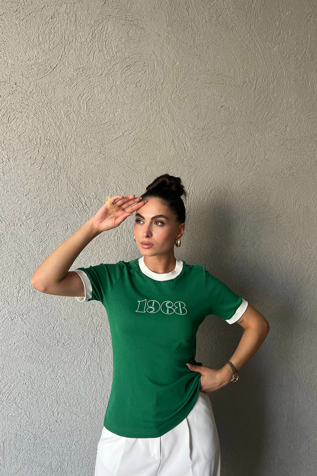Yeşil 1968 Detaylı Marka Model Basic T-shırt SY-2069-Yeşil