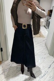 Lacivert A Kesim Kemerli Midi Kot Etek SY-3491-Lacivert