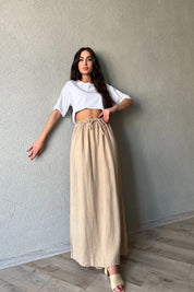 Vizon Beli Bağlama Detaylı Uzun Keten Etek SY-2154-Vizon