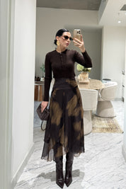 Kahverengi Şal Detaylı Şifon Etek SY-3571-Kahverengi