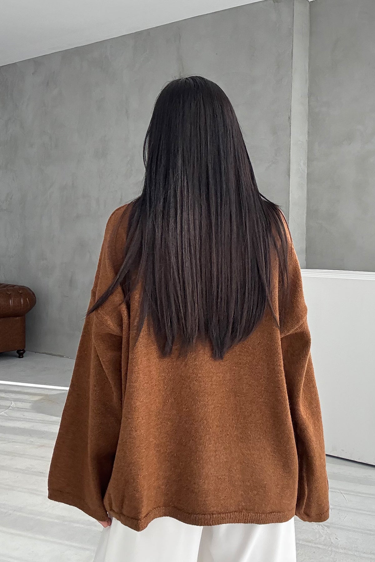 Kahve Bisiklet Yaka Oversize Pinterest Triko Kazak SY-3343-Kahve