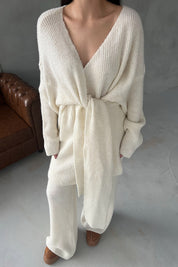 Ekru Bağlama Detay Kazak Pantolon Triko Takım SY-2773-Ekru