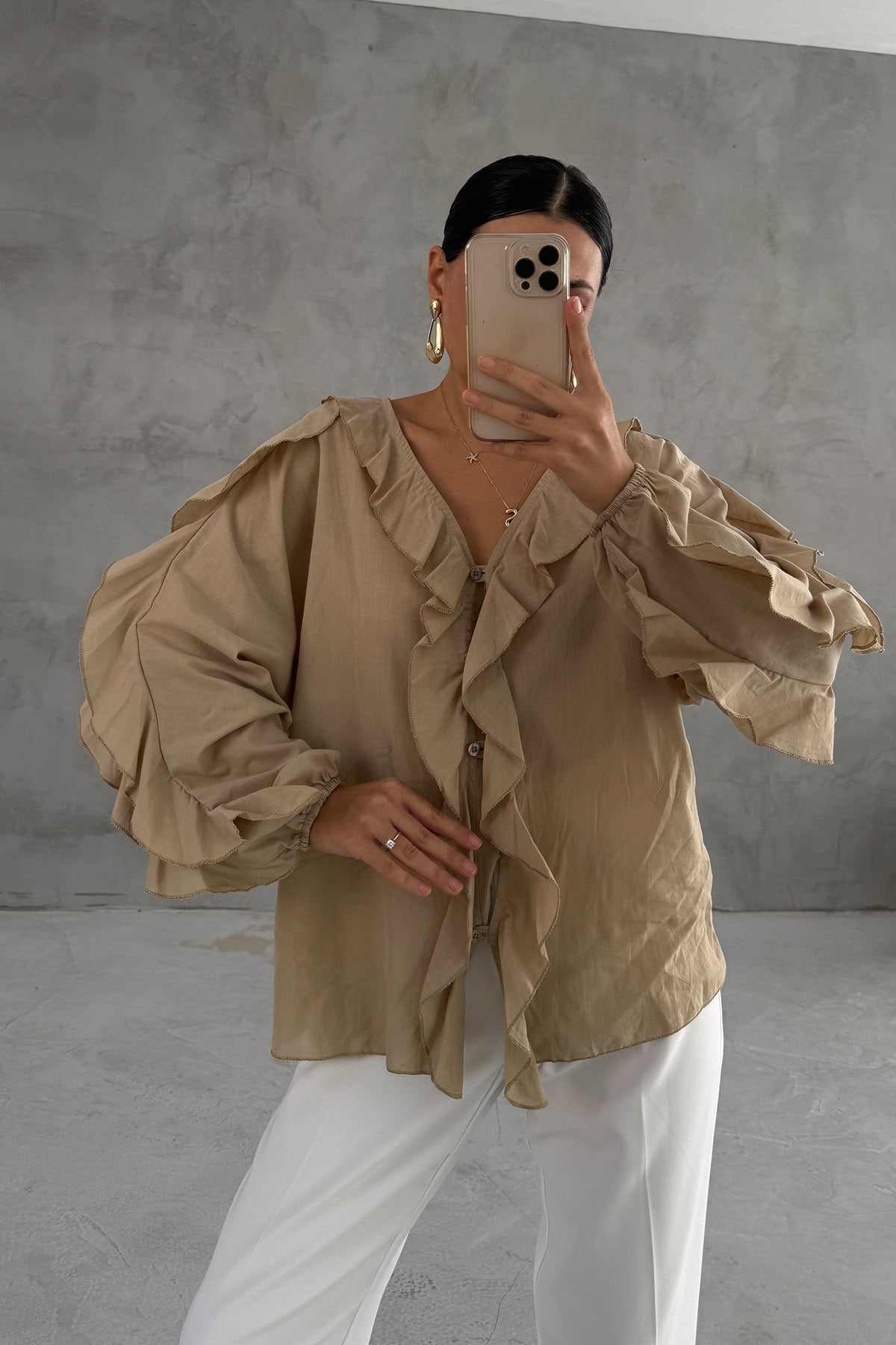 Bej Vual Pileli Gömlek SY-3126-Bej