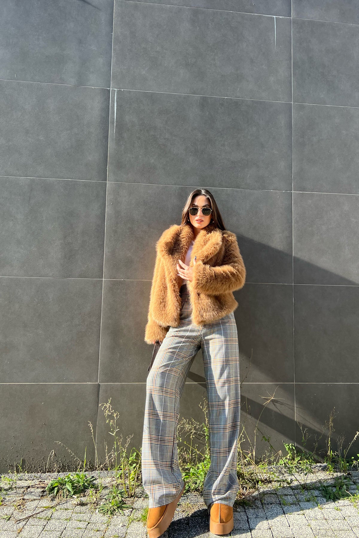 Bej Desenli Çift Bel Detaylı Bol Paça Pantolon SY-1471-Bej