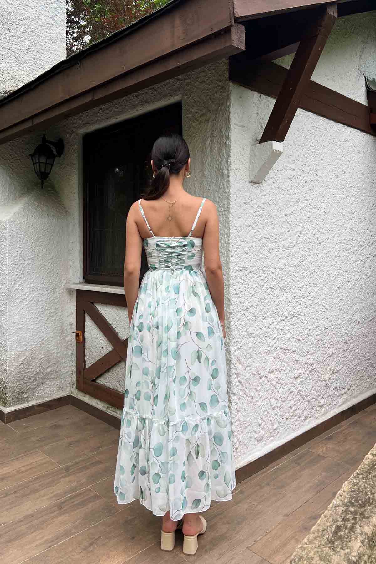 Yeşil Drape Detaylı Askılı Şifon Elbise SY-2040-Yeşil