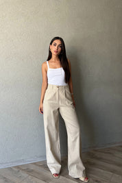 Bej Ham Keten Bol Paça Palazzo Pantolon SY-2238-Bej