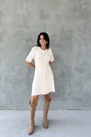 Bej Sahte Cep Detaylı Gold Düğmeli Triko Elbise SY-2534-Bej