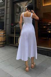 Kadın Beyaz Korse Görünümlü Poplin Midi Elbise SY-3157-Beyaz