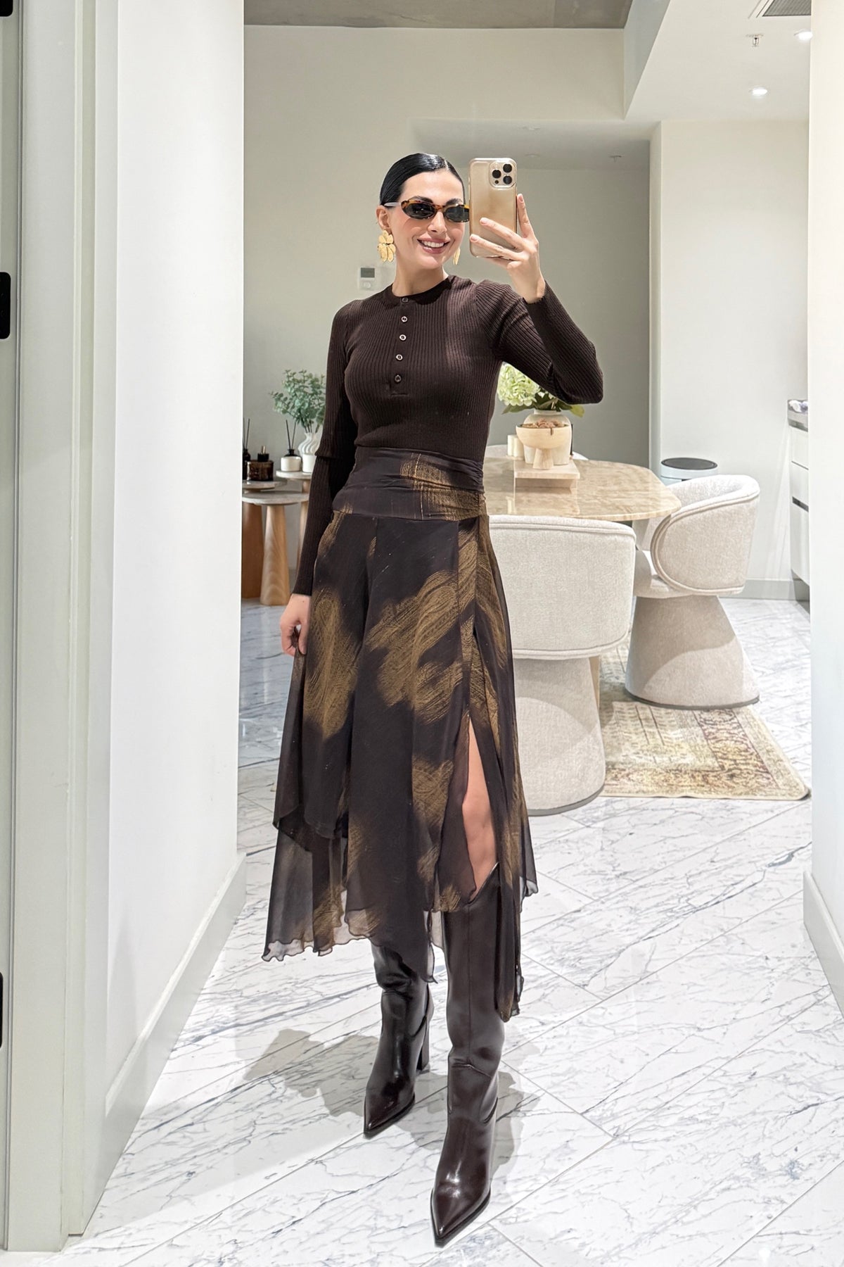 Kahverengi Şal Detaylı Şifon Etek SY-3571-Kahverengi