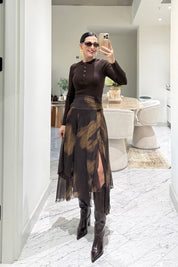 Kahverengi Şal Detaylı Şifon Etek SY-3571-Kahverengi