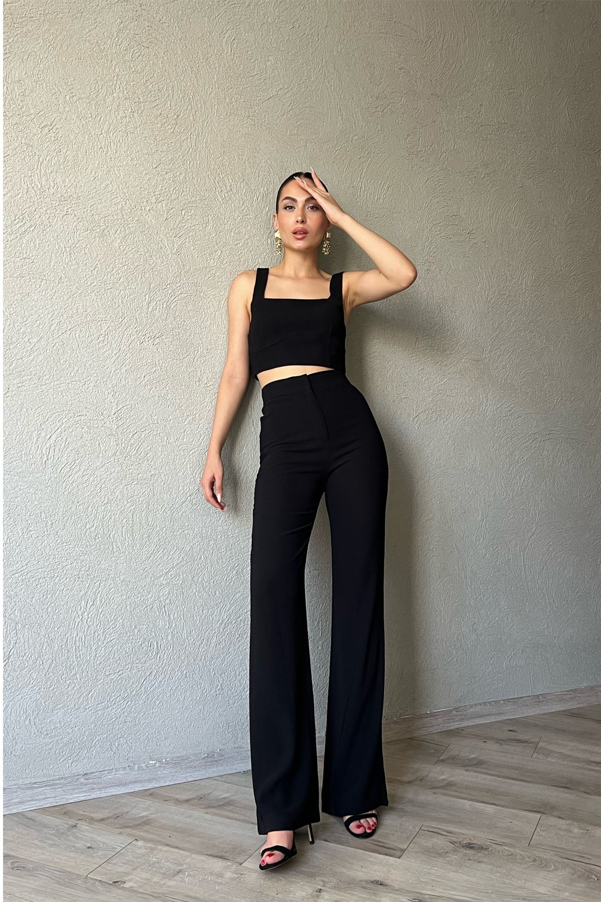 Siyah Kalın Askılı Büstiyer Kemerli Ceket ve Yüksek Bel Pantolon Takım SY-1286-Siyah