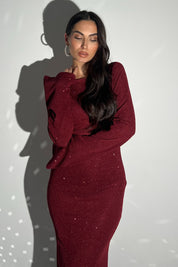 Bordo Simli Sırt Detaylı Kalem Elbise SY-2807-Bordo