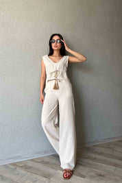 Taş Hasır Boncuk Kemer Detaylı Pantolon Takım SY-1990-Taş