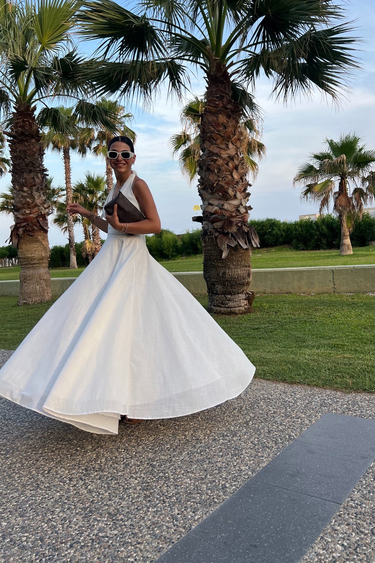 Beyaz Puglia Tasarım Sırt Detaylı Keten Elbise SY-2263-Beyaz